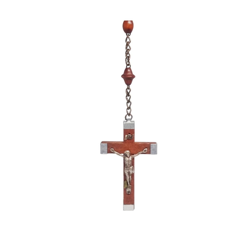 Lourdes Rosary with Silver Metal and Brown Wood Cross. Made in France. NWOT